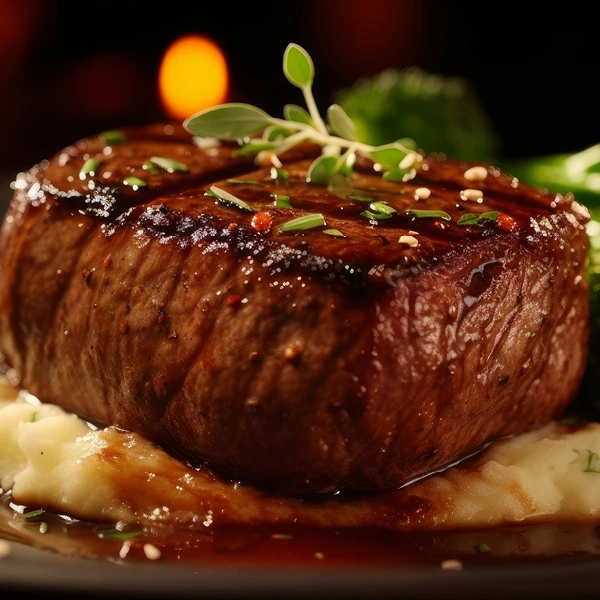 Sizzling steak on a bed of mashed potatoes and gravy