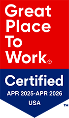 Great Place to Work Certified badge with red and blue background, stating certification is valid from April 2025 to April 2026 in the USA.
