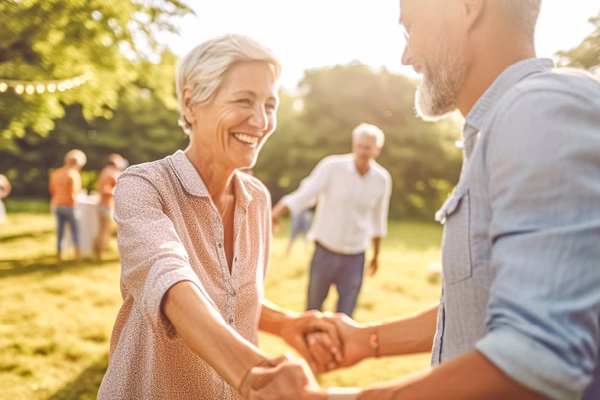 Senior couple holding hands and smiling at outdoor party