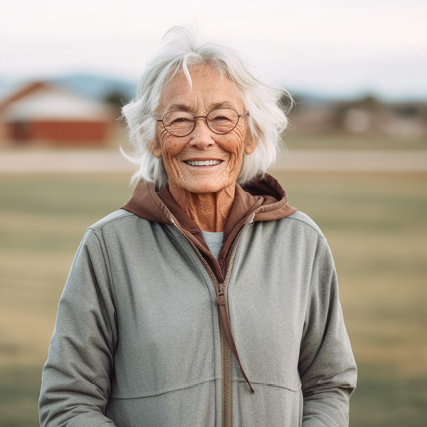 Senior female standing in the field smiling