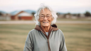 Senior woman wearing glasses while standing in a field