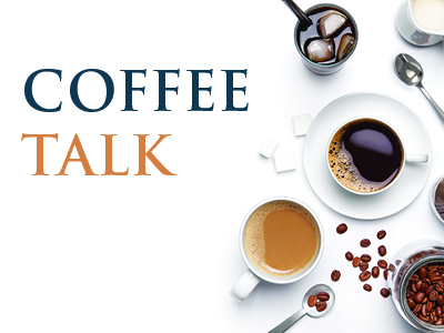 Overhead view of various coffee drinks, including black coffee, coffee with cream, and iced coffee, arranged with coffee beans, a spoon, and sugar cubes on a white background. The text "COFFEE TALK" is prominently displayed on the left.