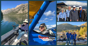 A collage of five images: a person fishing on a lake with mountains in the background; a close-up of a person flying a sport plane; three people, two in uniform, posing together; a dock with several boats; and three people posing in front of mountains and boats.