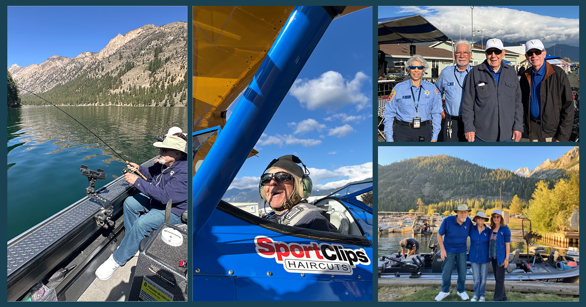 A collage of five images: a person fishing on a lake with mountains in the background; a close-up of a person flying a sport plane; three people, two in uniform, posing together; a dock with several boats; and three people posing in front of mountains and boats.