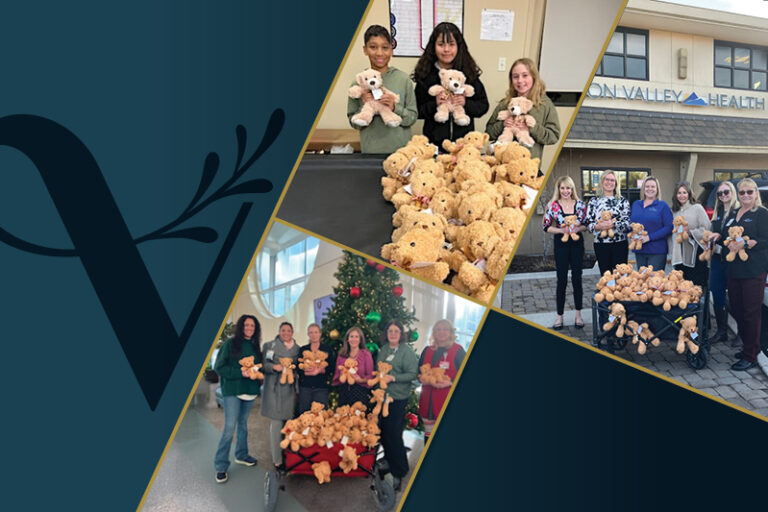 A collage of three groups holding teddy bears poses at different locations. One group stands in a hospital lobby, another in front of a building, and the last by a Christmas tree. The background is a V-shaped design.