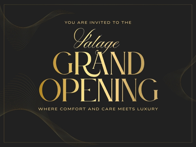 Elegant black and gold invitation card for a grand opening event. Text reads: "You are invited to the Salvage Grand Opening. Where comfort and care meets luxury." Subtle gold wave patterns decorate the background.