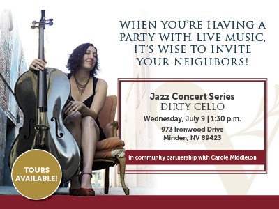 A woman with curly hair sits holding a cello on a city sidewalk. Text promotes a Jazz Concert Series event with Dirty Cello on July 9 at 1:30 p.m. in Minden, NV. A gold circle says "Tours Available!.