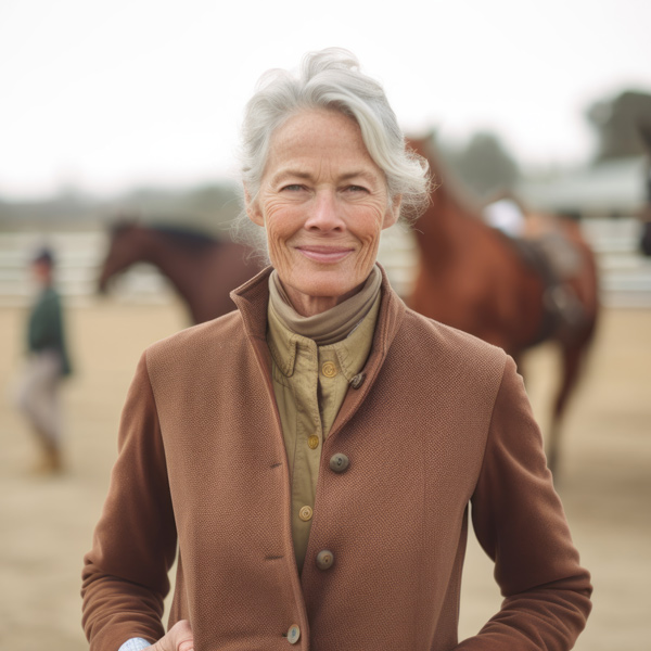 An older woman with gray hair and a warm smile stands outdoors in front of horses and people at an equestrian event, enjoying the active Senior Living lifestyle in her brown riding jacket and tan shirt.