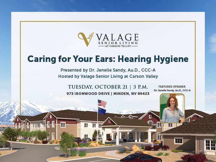 Flyer for a hearing hygiene event at Valage Senior Living, showing the facility, details about a talk by Dr. Jenelle Sandy on October 21 at 3 p.m., and a small photo of the featured speaker.