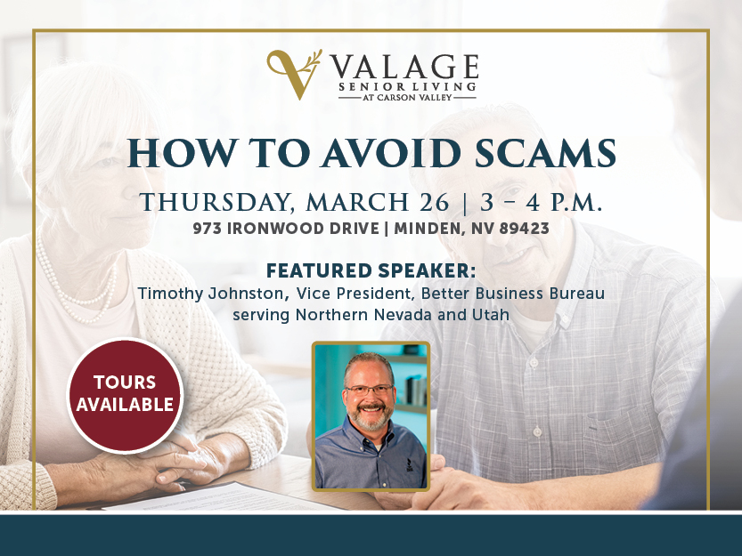 Flyer for a “How to Avoid Scams” event at Valage Senior Living on March 26, 3–4 p.m. in Minden, NV. Features a photo of speaker Timothy Johnston and a “Tours Available” badge.