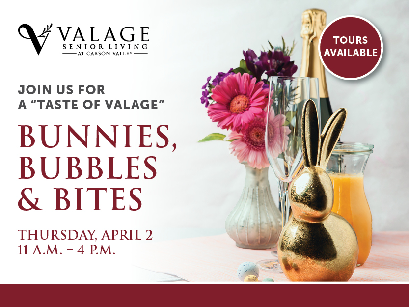 Event flyer for Valage Senior Living with text: “Join us for a ‘Taste of Valage’ Bunnies, Bubbles & Bites, Thursday, April 2, 11 A.M. – 4 P.M.” Image shows a vase of flowers, a gold bunny, a glass, and orange juice.