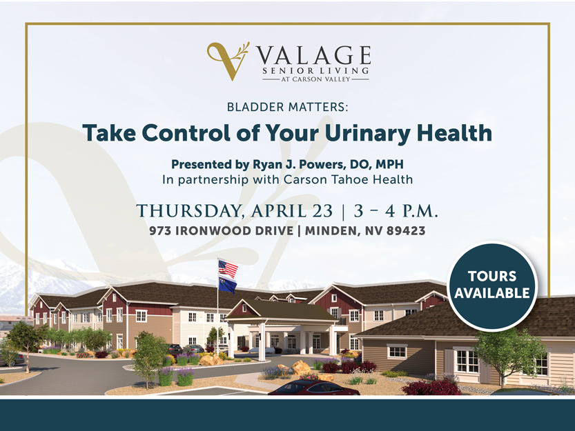 Flyer for “Take Control of Your Urinary Health” event at Valage Senior Living, Minden, NV, on April 23, 3–4 p.m. Includes a building image, event details, and a "Tours Available" badge.