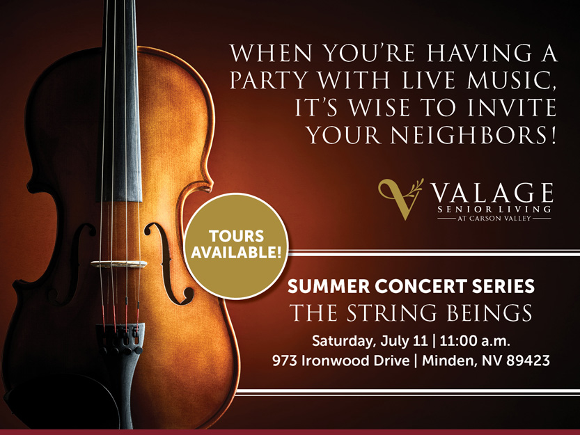 Close-up of a violin on a dark background with text promoting Valage Senior Living's Summer Concert Series featuring The String Beings; event details and contact information are also displayed.