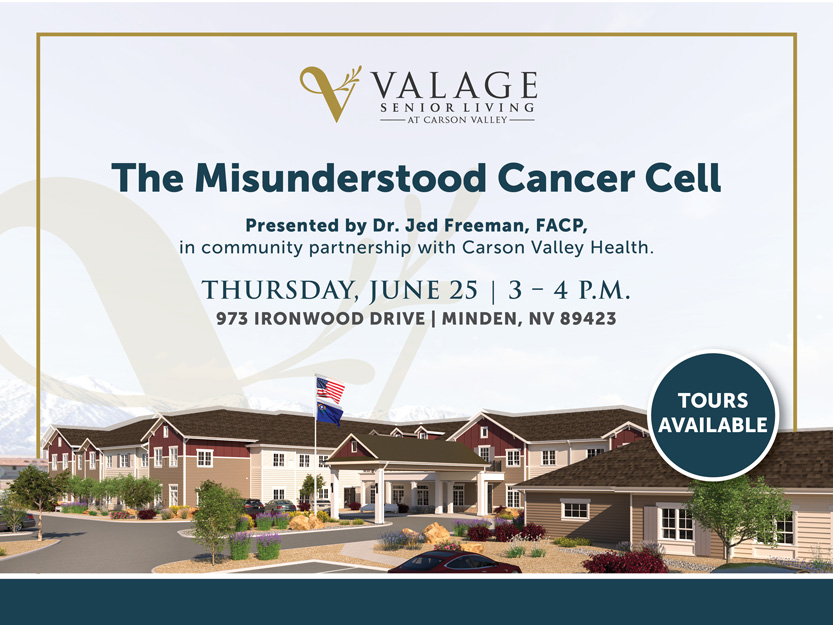 Promotional flyer for a cancer cell talk at Valage Senior Living, Minden, NV, on June 25, 3–4 PM, with Dr. Jed Freeman. Features building image, event details, and “Tours Available” badge.