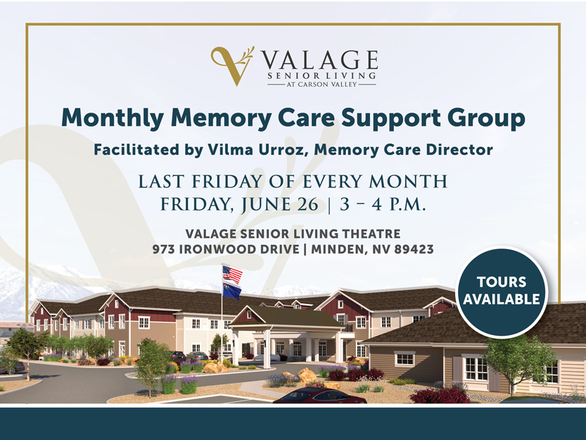 Flyer for Valage Senior Living’s Monthly Memory Care Support Group, facilitated by Vilma Urroz. Event is June 26, 3–4 p.m. at 973 Ironwood Dr, Minden, NV. Building image, “Tours Available” badge.