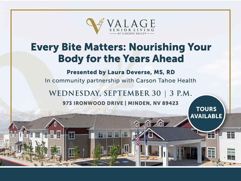 Flyer for “Every Bite Matters” nutrition event at Valage Senior Living, Minden, NV, on Sept 30, 3 PM. Features a large building, event details, and “Tours Available” bubble. Presented by Laura Deverse, MS, RD.