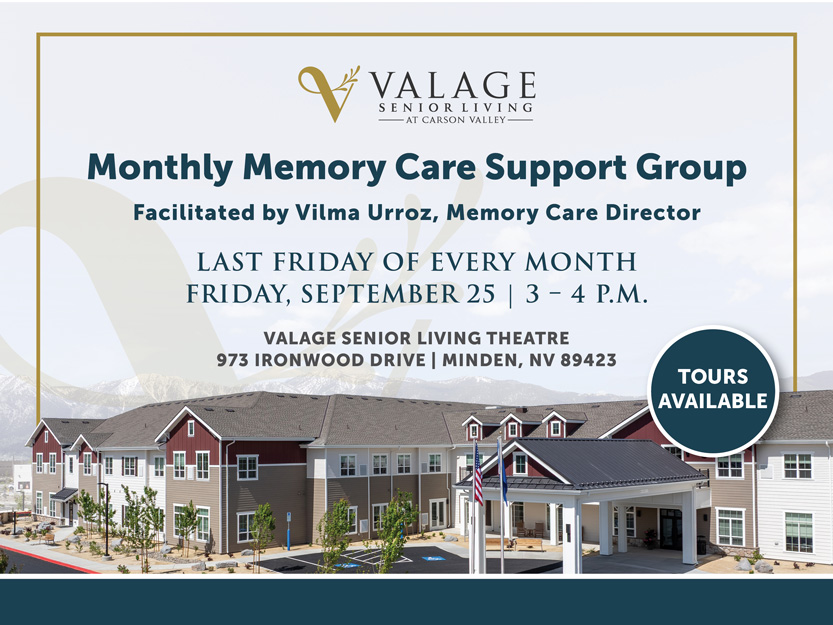 Flyer for Valage Senior Living Memory Care Support Group, with meeting details, facilitator’s name, and a photo of the facility. Tours available are also mentioned.